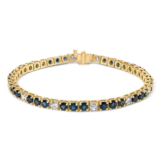 Pulsera de tenis de oro amarillo de 18 quilates con alternancia de diamantes de 1 1/5 Cttw y zafiros azules de 3x3 mm (color G-H, claridad VS1-VS2) - 7 pulgadas