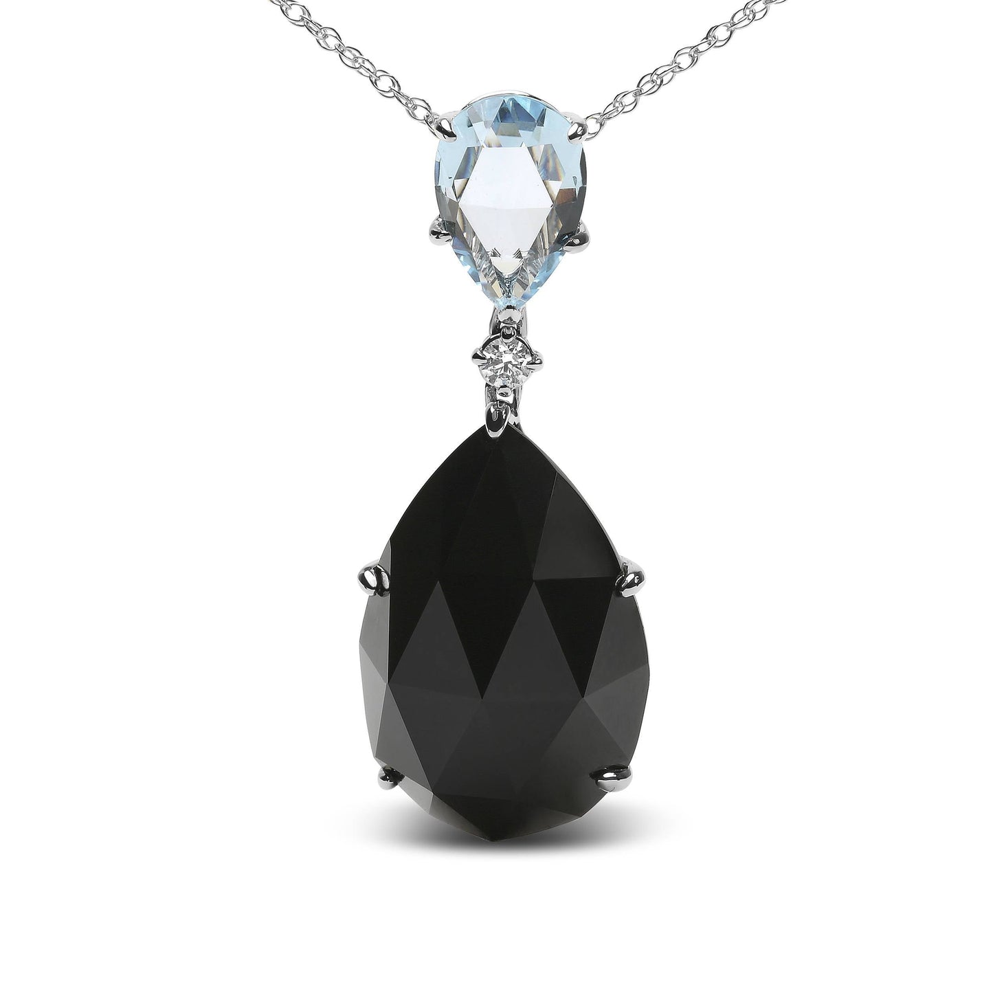 Collar con colgante de oro blanco de 18K con acentos de diamantes, topacio azul cielo talla pera y ónix negro talla pera, 45.72 cm (color G-H, claridad SI1-SI2)