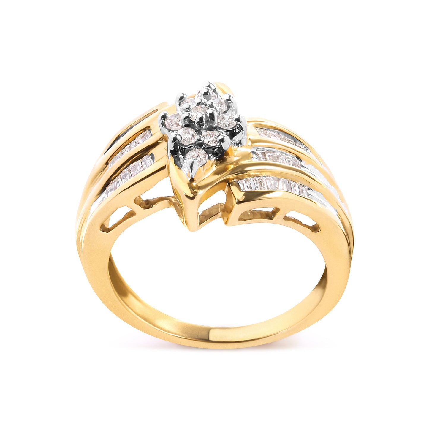 Anillo de oro amarillo de 10 qt con cabeza de racimo de diamantes redondos y talla baguette de 1/2 quilate de peso total y montura con engaste de canal (color H-I, claridad I1-I2) - Talla de anillo 7
