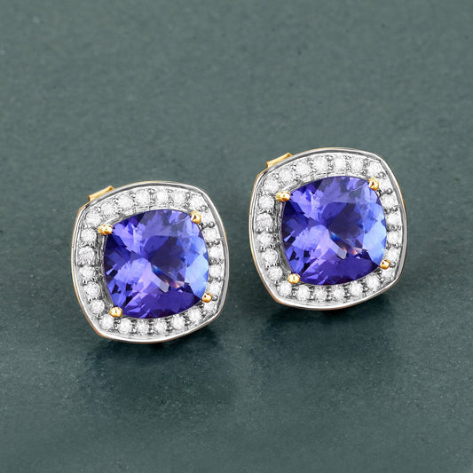 Pendientes de oro amarillo de 14 quilates con tanzanita genuina de 5,98 quilates y diamantes blancos