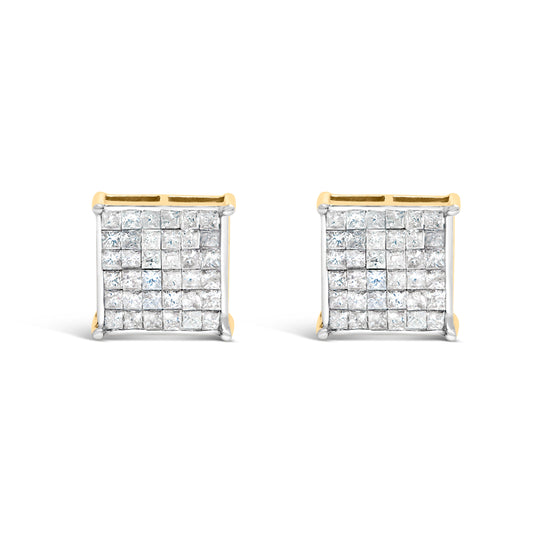 Pendientes de oro amarillo de 10K con diamantes de talla princesa de 2.0 Cttw con engaste invisible
