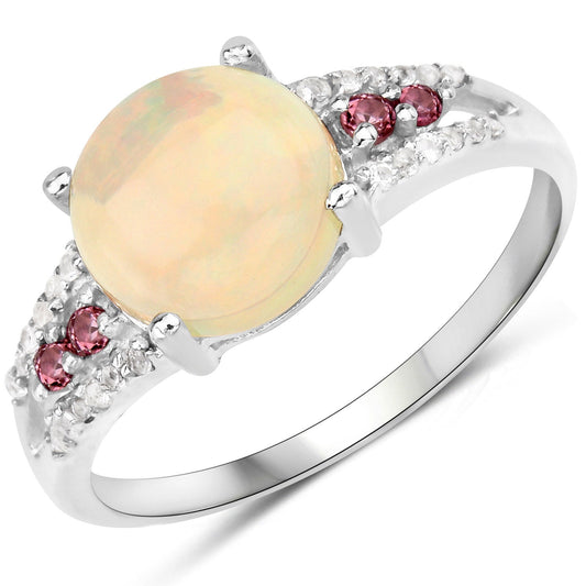 Anillo de plata de ley .925 con ópalo etíope genuino de 2.05 quilates, turmalina rosa y topacio blanco
