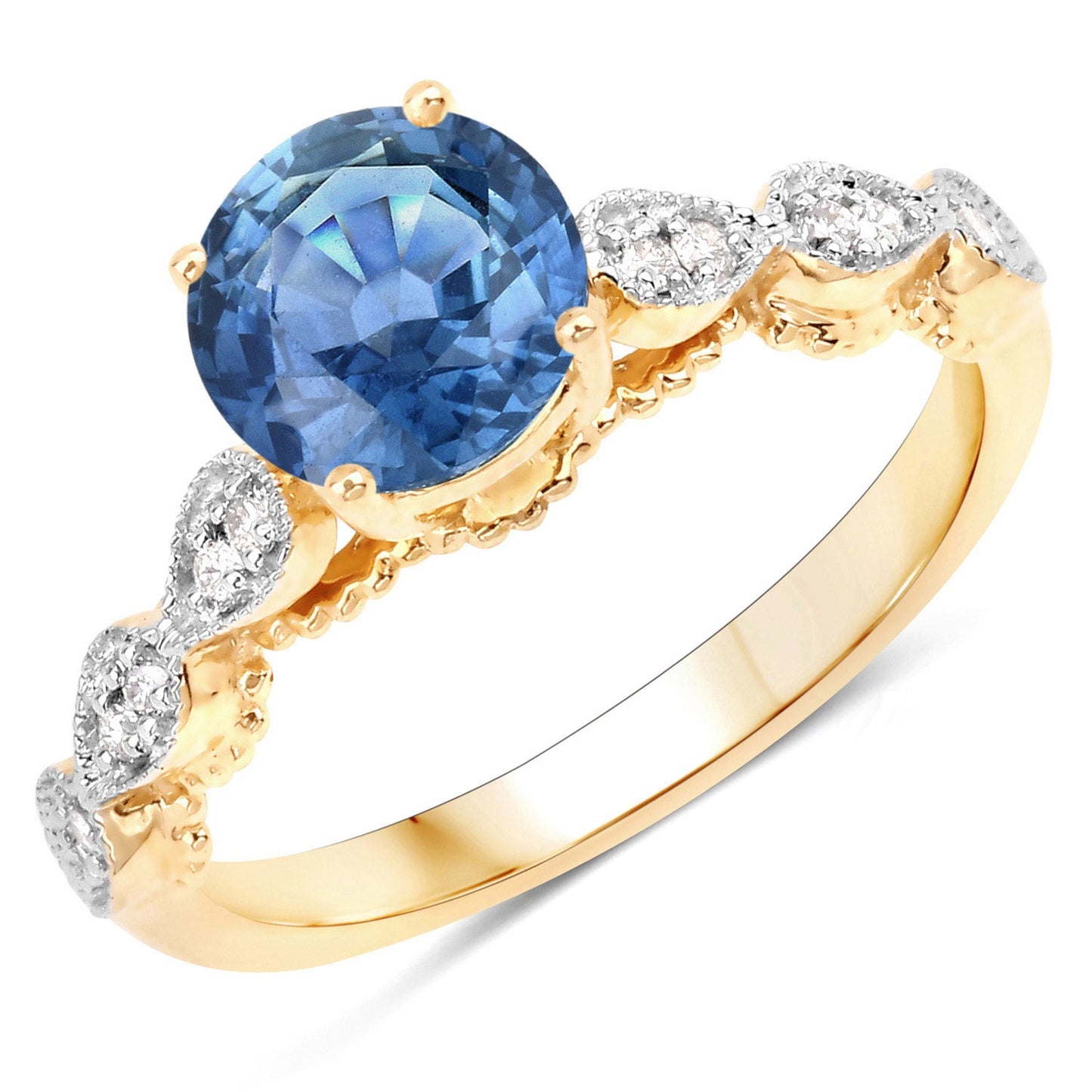 Anillo de oro amarillo de 14K con zafiro azul genuino de 1.27 quilates y diamantes blancos