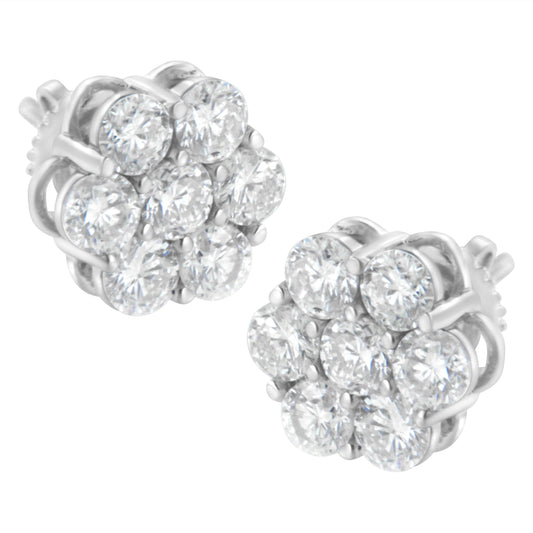Pendientes de tuerca de plata de ley con diseño floral, 2 quilates de peso total, 7 diamantes engastados (I-J, I1-I2)