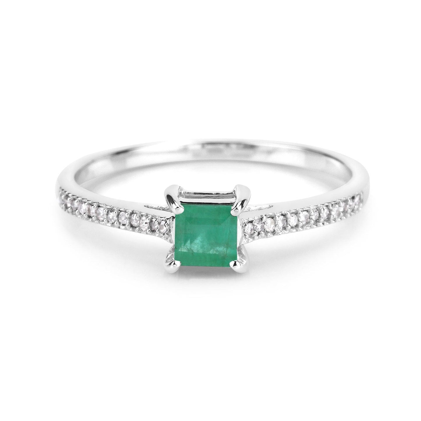 Anillo de oro blanco de 14 quilates con esmeralda zambiana auténtica de 0,67 quilates y diamantes blancos