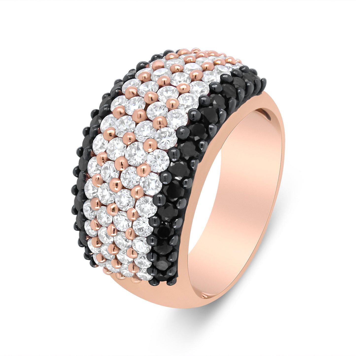 Anillo de banda de 6 filas con diamantes blancos y negros de 2 1/5 Cttw de oro rosa de 18 quilates (color F-G y negro, claridad VS1-VS2) - Talla 7