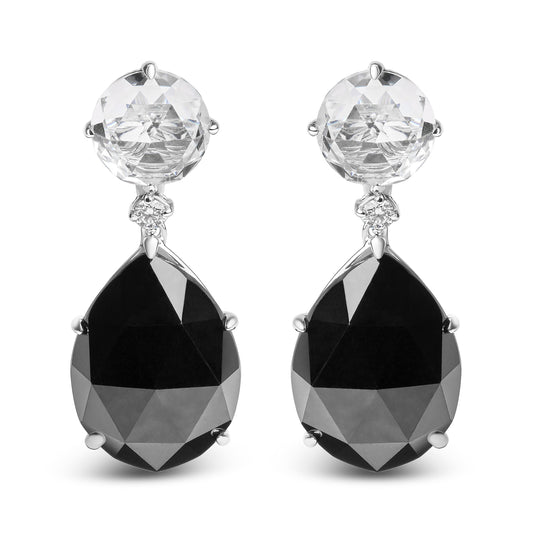 Pendientes colgantes de oro blanco de 18K con diamantes de 1/5 Cttw, topacios blancos redondos y ónix negro de talla pera de 20x15mm (color G-H, claridad SI1-SI2)