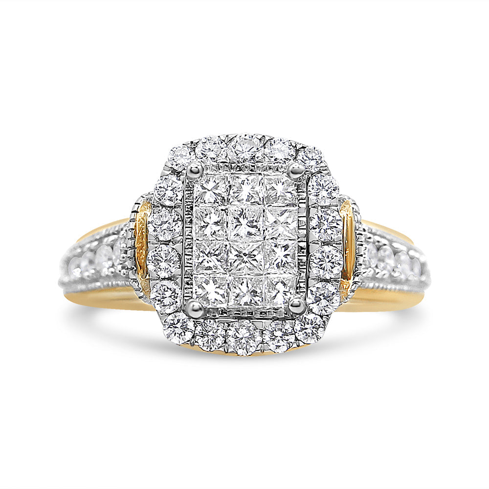 Anillo de oro amarillo y blanco de 14 K con 1,00 quilates en total de diamantes de talla princesa y redonda en forma de esmeralda, halo y racimo (claridad SI1-SI2, color H-I) - Talla 7