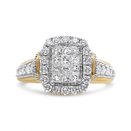 Anillo de oro amarillo y blanco de 14 K con 1,00 quilates en total de diamantes de talla princesa y redonda en forma de esmeralda, halo y racimo (claridad SI1-SI2, color H-I) - Talla 7