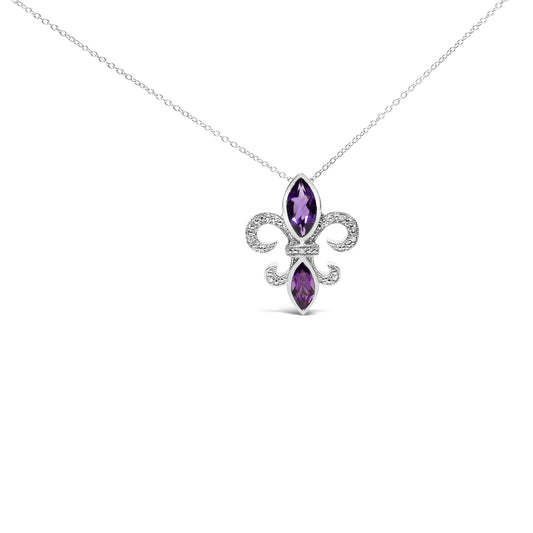 Collar con colgante de flor de lis de amatista morada marquesa y acento de diamante de plata de ley .925 (Color H-I, Claridad SI1-SI2) - Tamaño 18"