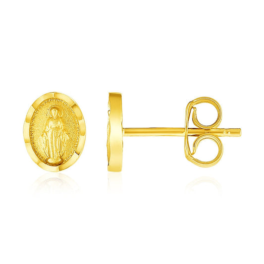 Pendientes de poste de medallón religioso ovalados de oro amarillo de 14k