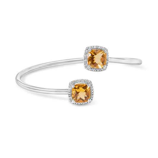 Pulsera de plata de ley .925 con citrino amarillo de talla cojín de 8 mm y detalles de diamante, diseño dividido (color H-I, claridad SI1-SI2) - Se ajusta hasta 7.75 pulgadas