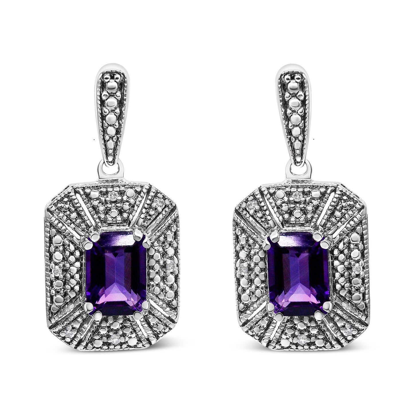 Pendientes de tuerca de plata de ley .925 con detalles de diamante y amatista morada de 7x5 mm (color I-J, claridad I2-I3)