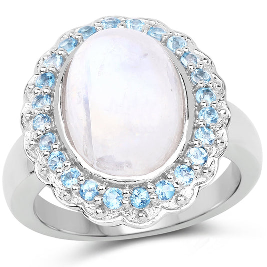 Anillo de plata de ley .925 con auténtica piedra lunar arcoíris blanca de 7.21 quilates y topacio azul suizo