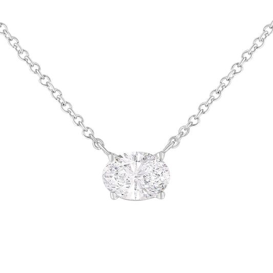 Collar con colgante de 18" de oro blanco de 14k con diamante solitario ovalado cultivado en laboratorio de 1/2 quilate de peso total, orientación este-oeste, certificado por IGI (color E-F, claridad VS1-VS2)