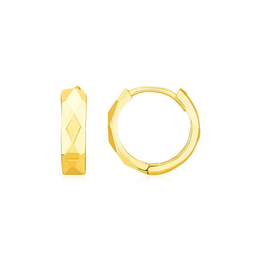 14K Yellow Gold Diamond Motif Faceted Huggie Earrings - view 2