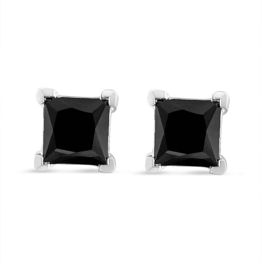 Pendientes de oro blanco de 14K con diamantes negros tratados corte princesa de 4.00 Cttw, clásicos, con 4 garras y cierre de rosca (realce de color elegante, claridad I2-I3)