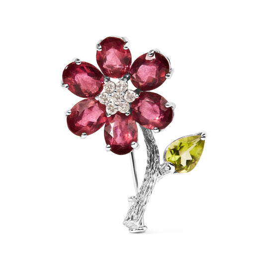 Broche de tulipán de oro blanco de 18K con diamantes de 1/3 Cttw, turmalina rosa y peridoto verde (color H-I, VS2-SI1)