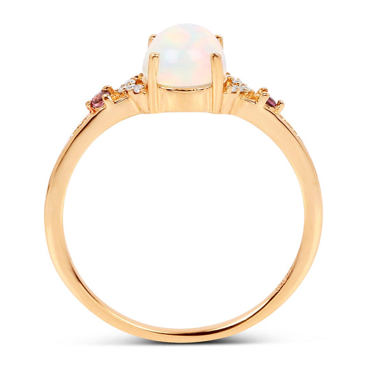 Anillo de oro amarillo de 14 quilates con ópalo etíope genuino de 0,57 quilates, turmalina rosa y diamantes blancos