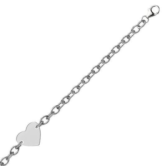Pulsera de cadena de plata de ley con baño de rodio y corazón plano