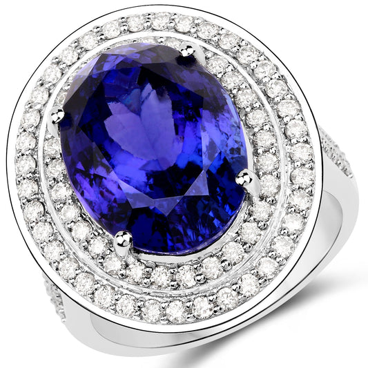 Anillo de oro blanco de 18 quilates con tanzanita genuina de 13,78 quilates y diamantes blancos