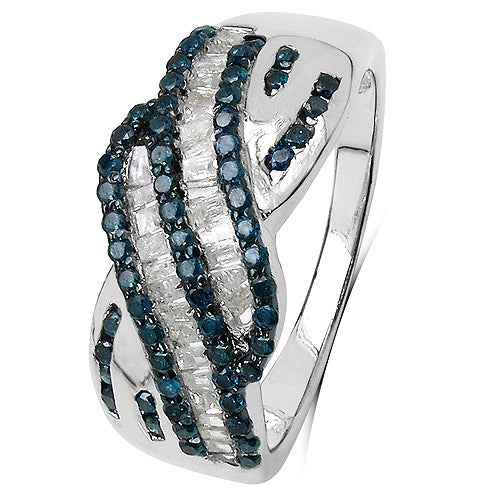 Anillo de plata de ley .925 con diamantes azules y blancos auténticos de 0.88 quilates