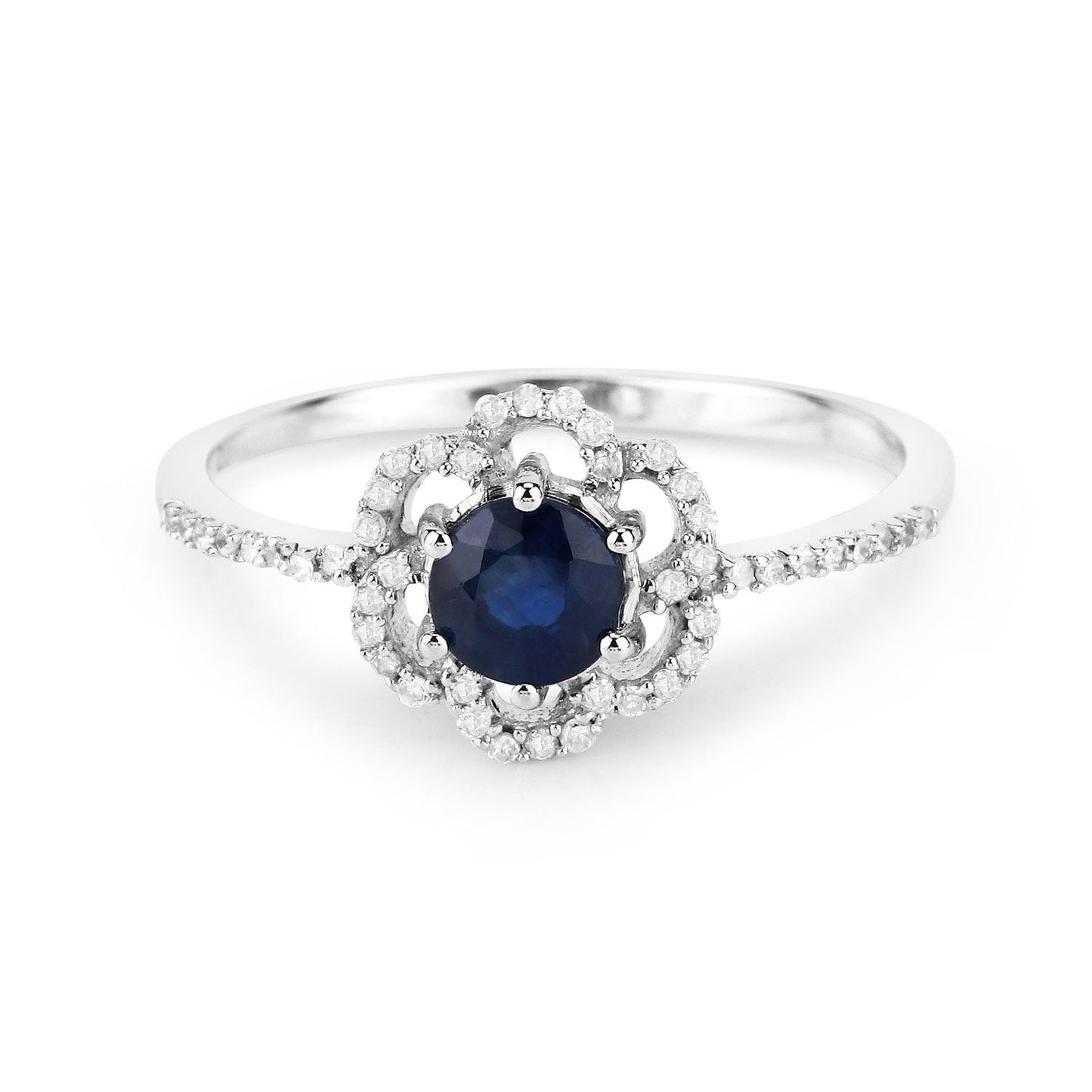 Anillo de oro blanco de 14K con zafiro azul auténtico de 0,78 quilates y diamante blanco