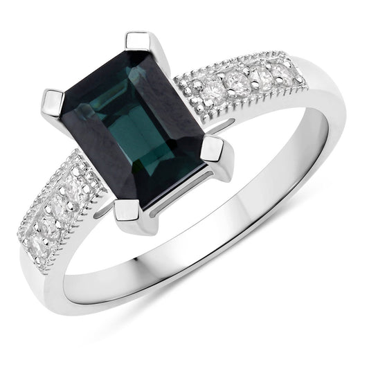 Anillo de oro blanco de 14K con turmalina verde auténtica de 1,91 quilates y diamante blanco