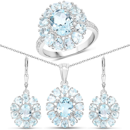 Juego de joyas de 3 piezas de plata de ley .925 con topacio azul genuino y topacio blanco de 14,02 quilates (anillo, pendientes y colgante con cadena)