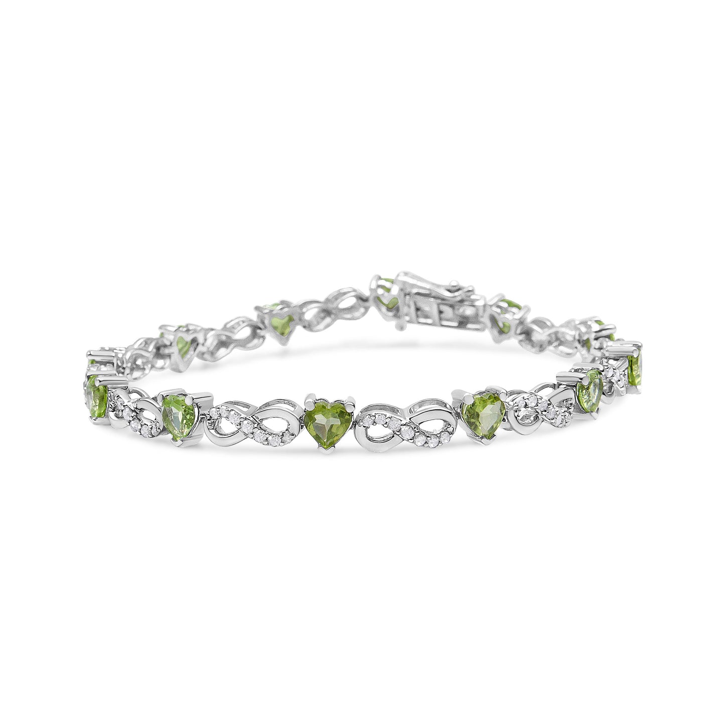 Brazalete de eslabones infinitos de plata de ley .925 con 1.00 Cttw de diamantes y peridoto verde de 4.00mm creado en laboratorio en forma de corazón (color I-J, claridad I2-I3) - 7.25"