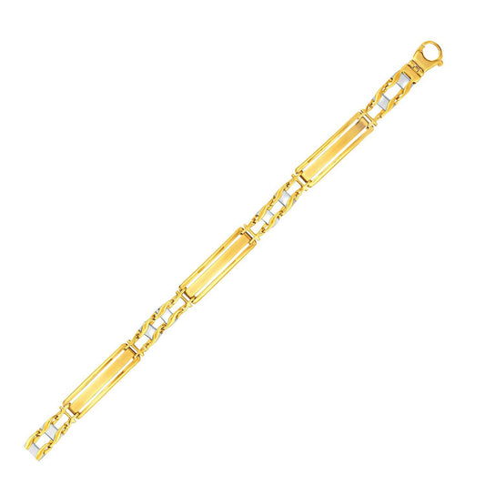 Pulsera de oro de 14k de dos tonos estilo barra elegante para hombre con conectores curvos
