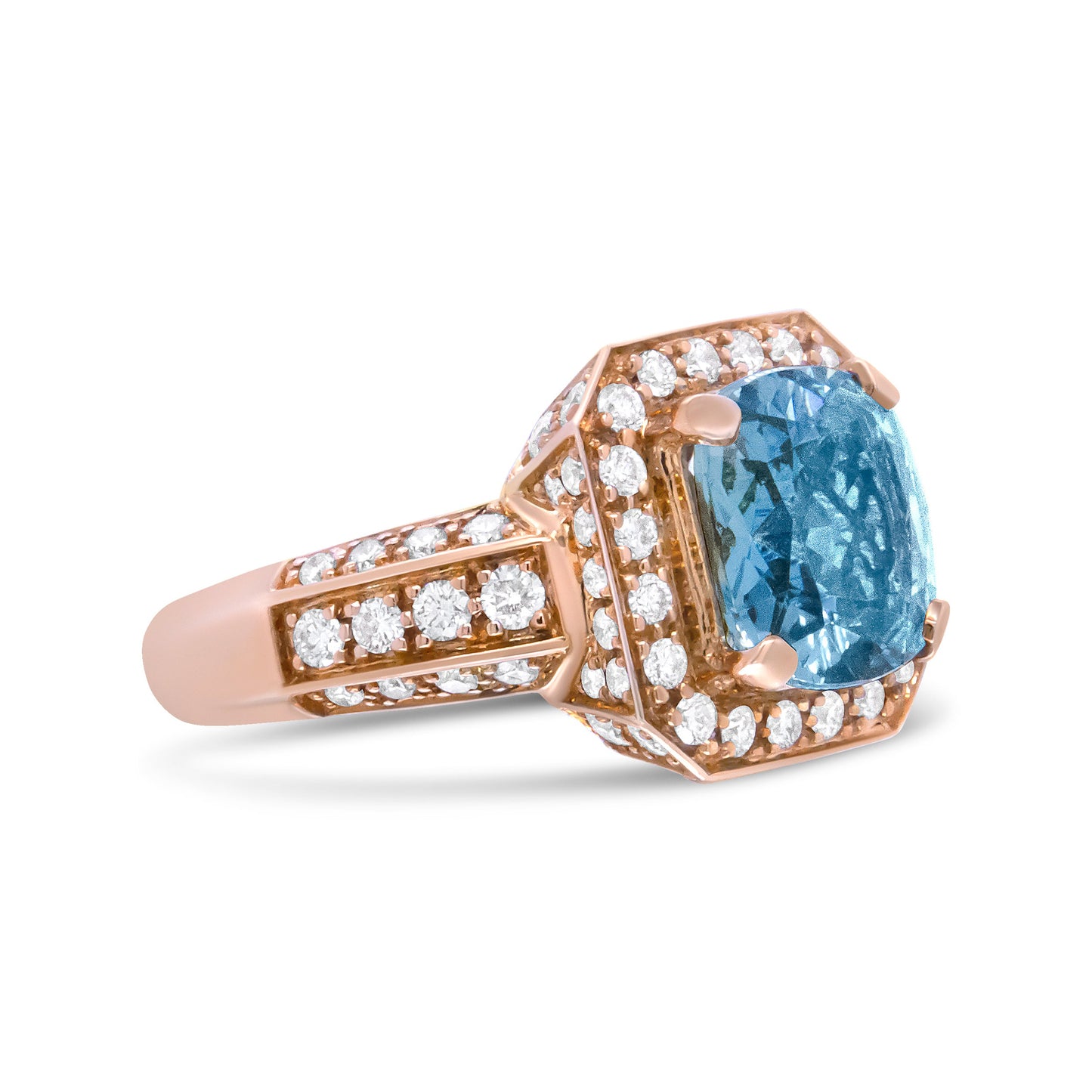 Anillo halo de oro rosa de 18K con aguamarina de talla cojín de 10x10 mm y diamantes redondos de 1 1/8 Cttw (color F-G, claridad VS1-VS2) - Talla de anillo 6.5