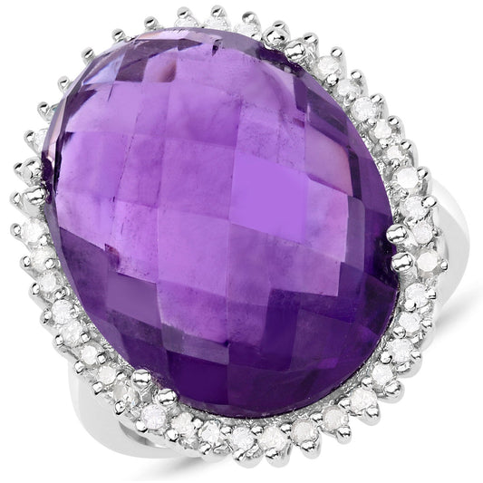 Anillo de plata de ley .925 con amatista genuina de 14.90 quilates y diamantes blancos