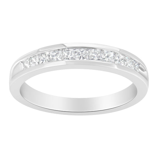Anillo de banda de boda o aniversario de plata de ley .925, engaste de canal, medio sin fin, con diamantes de talla princesa de 1/2 quilate (color H-I, claridad I2) - Talla 6