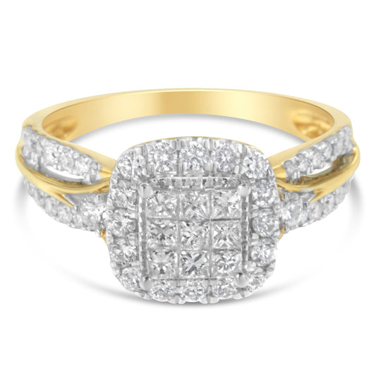 Anillo de compromiso de oro amarillo de 10 quilates con diamantes de 1,0 quilates, halo en forma de cojín y aspecto de 3 bandas (color H-I, claridad SI1-SI2) - Talla 6-1/4