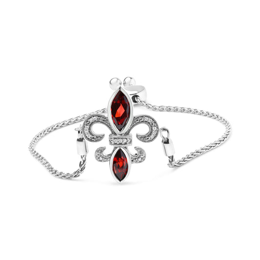 Pulsera bolo ajustable de plata de ley .925 con granate marquesa y acentos de diamante de 4 a 10 pulgadas con diseño de flor de lis (color H-I, claridad SI1-SI2)