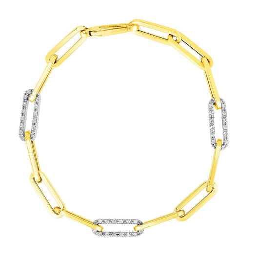 Pulsera de cadena con eslabones de clip de oro amarillo de 14k y 7 1/2 pulgadas con tres eslabones de diamante