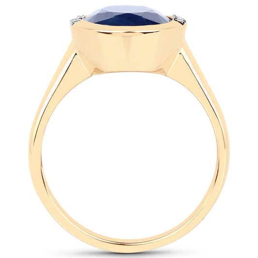 Anillo de oro amarillo de 14 quilates con zafiro azul auténtico de 4,85 quilates y diamantes blancos