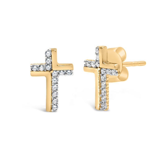 14K Yellow Gold Plated .925 Sterling Silver 1/10 Cttw Diamond Cross Stud Earring (I-J Color, I3 - view 2