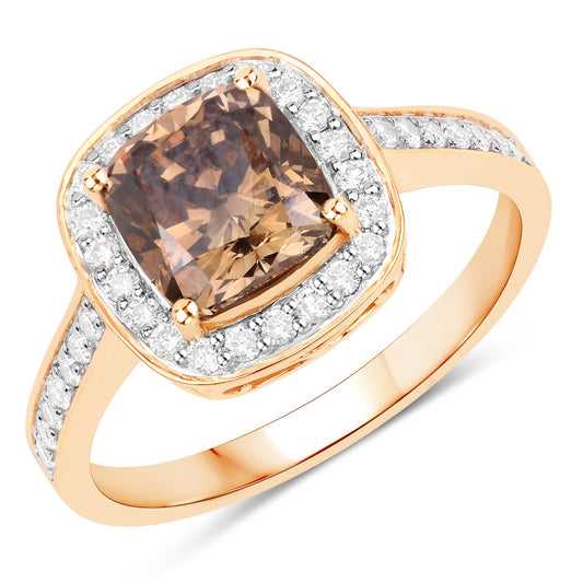 Anillo de oro amarillo de 18 quilates con diamante marrón genuino de 2,19 quilates certificado por el IGI y diamantes blancos de 0,36 quilates (peso total en quilates de 2,55)