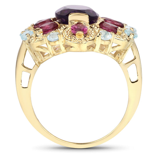 Anillo de plata de ley .925 con amatista, rodolita y topacio azul genuinos de 6.80 quilates
