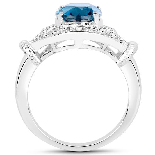 Anillo de plata de ley .925 con topacio azul Londres y diamante blanco genuinos de 3.26 quilates