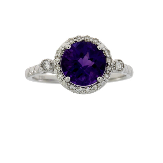 Anillo de amatista y diamantes de 2,07 qt en oro blanco de 14 kt