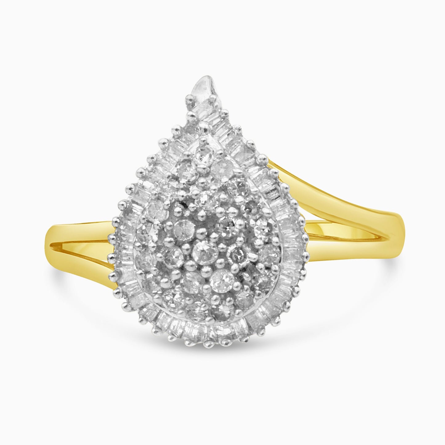 Anillo de cóctel estilo bailarina de oro blanco y amarillo de 14 quilates con diamantes redondos y talla baguette de 1,00 quilates en total (color H-I, claridad SI2-I1)