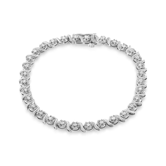 Pulsera de tenis de plata de ley .925 con diamantes de 1.0 qt engastados en espiral, de eslabones curvos de 7" (color I-J, claridad I3)
