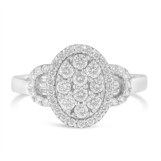 Anillo de declaración estilo hebilla Art Decó de oro blanco de 10 K con grupo de diamantes ovalados de 1,0 quilates con halo, de inspiración vintage (color G-H, claridad SI1-SI2) - Talla 7
