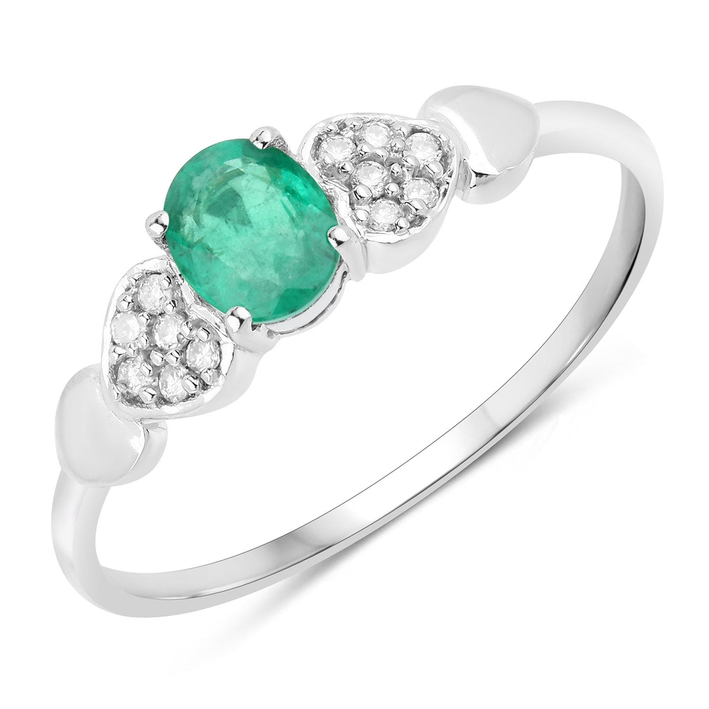 Anillo de oro blanco de 14K con esmeralda zambiana auténtica de 0,36 quilates y diamantes blancos