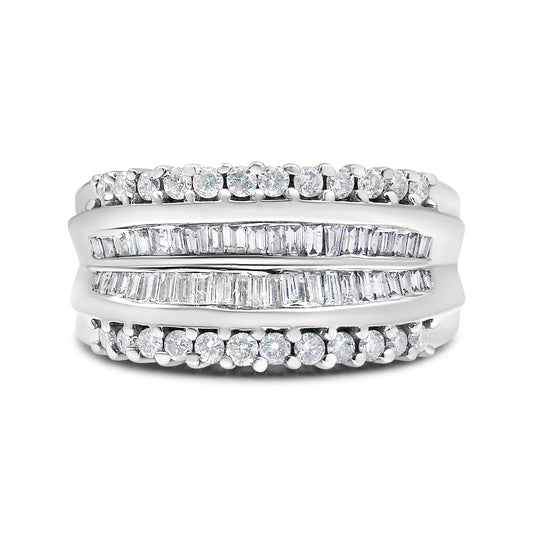 Anillo de banda moderno de oro blanco de 14 quilates con diamantes redondos y talla baguette de 1,00 quilates en total (color H-I, claridad SI2-I1) - Talla 7