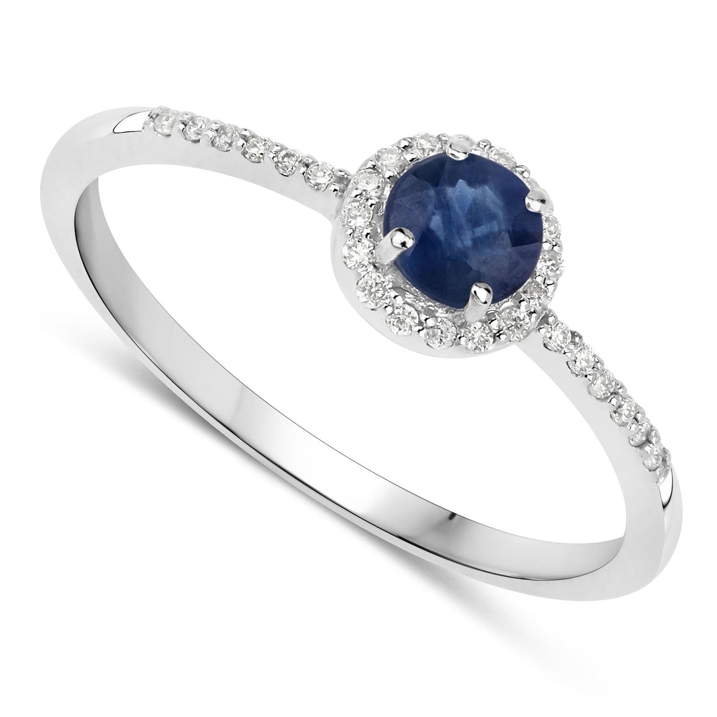 Anillo de oro blanco de 14 quilates con zafiro azul auténtico de 0,38 quilates y diamantes blancos