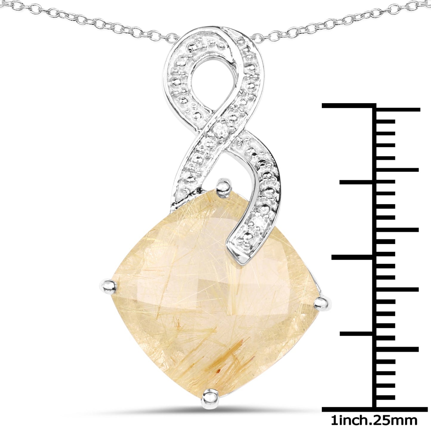 8.81 Carat Genuine Golden Rutile and White Diamond .925 Sterling Silver Pendant